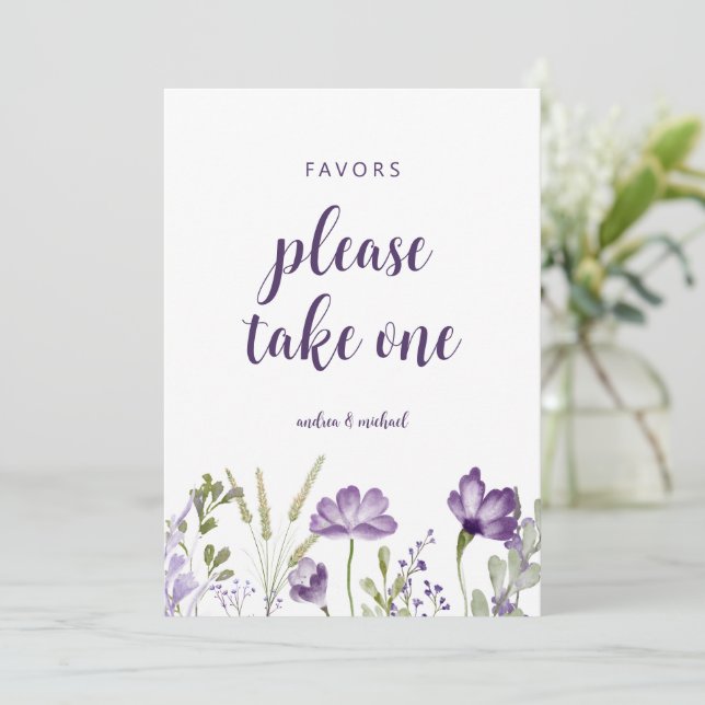 Convite Sinal de Favor de Casamento Floral Lavanda Roxa Ca (Em pé/Frente)