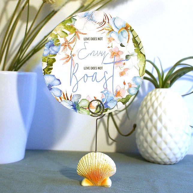 Convite Sinal de Folha Verde do Hibiscus (love does not envy love does not boast wedding table top sign blue tropical hibiscus flowers)