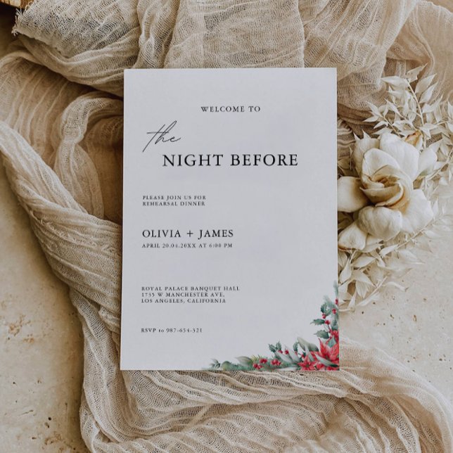 Convite Sinal de Janto de Casamento de Natal Noite, (Christmas Wedding Rehearsal Dinner Sign Night, Invitation)