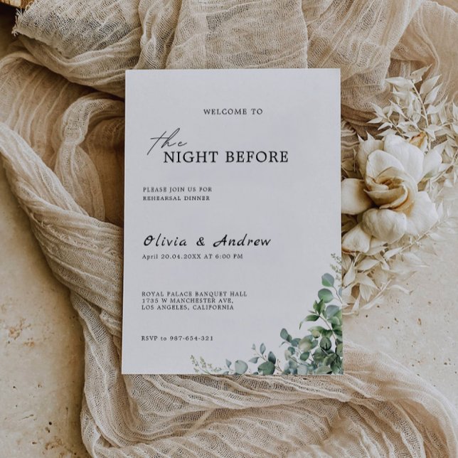Convite Sinal de Janto de Casamento Verde Noite, (Greenery Wedding Rehearsal Dinner Sign Night, Invitation)