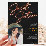 Convite Sinal de laranja neon - arco de fotos divertido Sw<br><div class="desc">Um brilhante e ousado Sinal de Laranja Neon com um doce convite de aniversário de 16 fotos em preto.</div>
