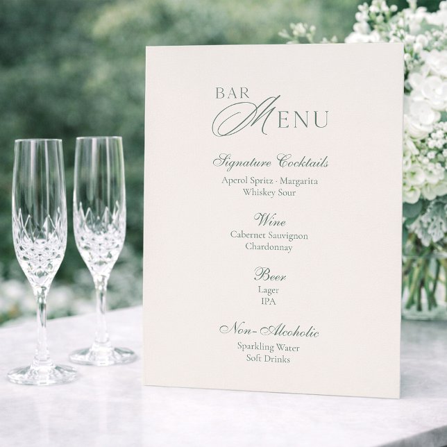 Convite Sinal de Menu de Bar de Casamento Verde Sage Minim (Criador carregado)