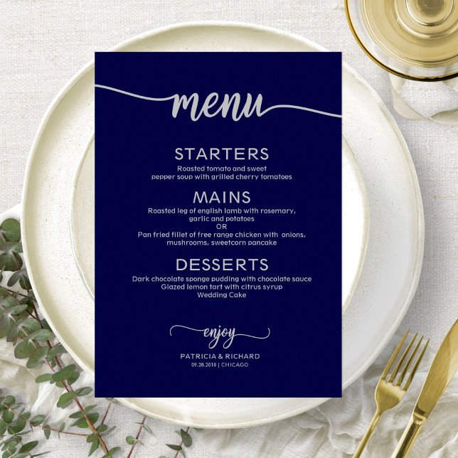 Convite Sinal de Menu de Casamento Caligrafia Azul Naval P (Criador carregado)