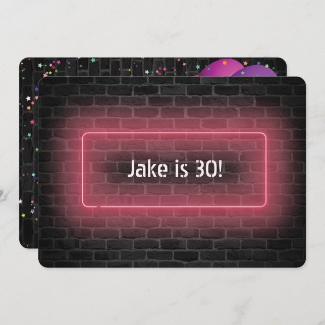 Convite Sinal de néon de festa de 30º aniversário na pared (Frente/Verso)