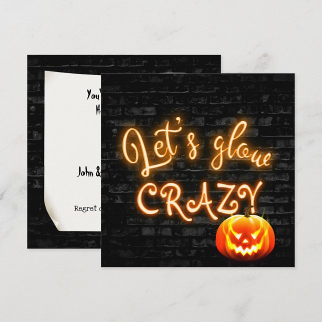 Convite Sinal de Neon de Festa de Halloween com Jack-o-lan (Frente/Verso)