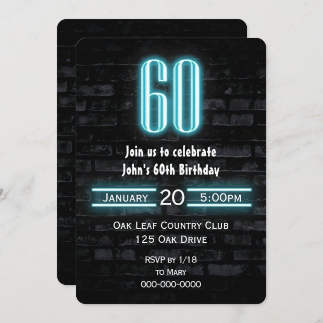 Convite Sinal de Neon na 60ª Festa de aniversário no Brick (Frente/Verso)