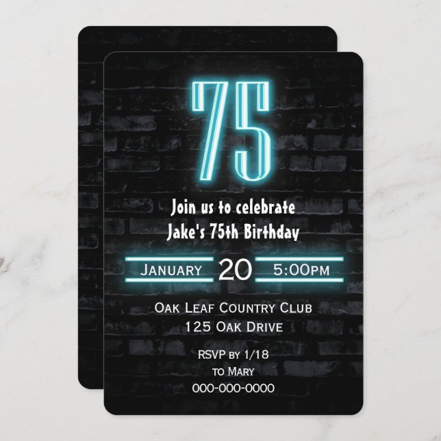 Convite Sinal de neon na 75ª Festa de aniversário em Brick (Frente/Verso)