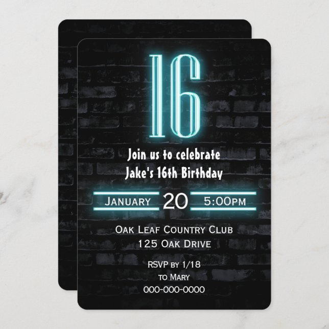Convite Sinal de neon na Festa de aniversário 16 no Brick (Frente/Verso)