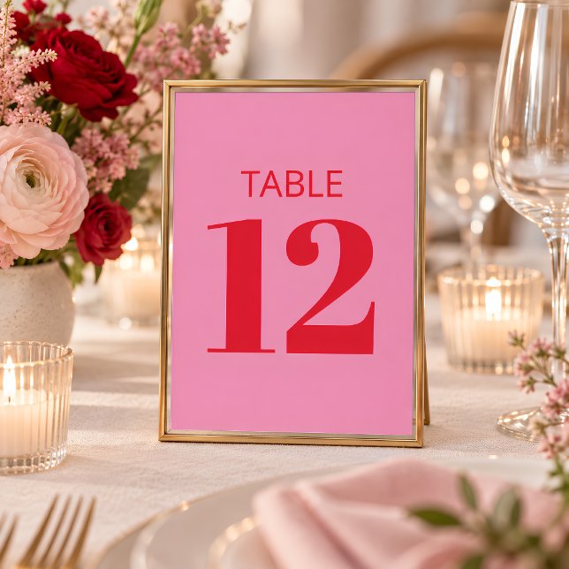 Convite Sinal de Número de Mesa Moderno Rosa Vermelho Bril (Criador carregado)