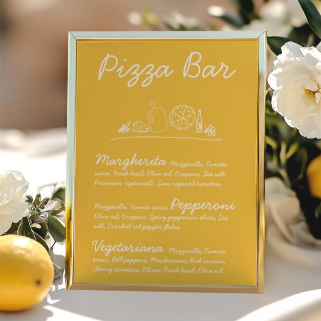Convite Sinal de Tabletop de Casamento de Pizza Desenhada  (Retro Hand-Drawn Pizza Bar Wedding Tabletop Sign)