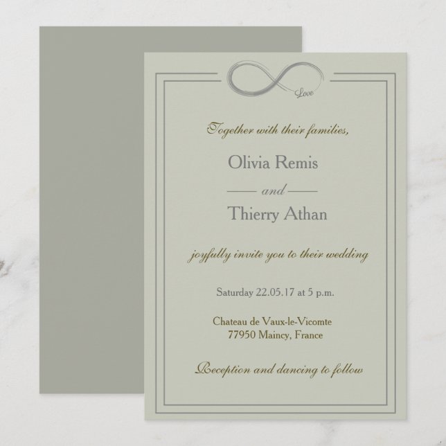 Convite Sinal infinito de casamento de cinza de ouro verde (Frente/Verso)