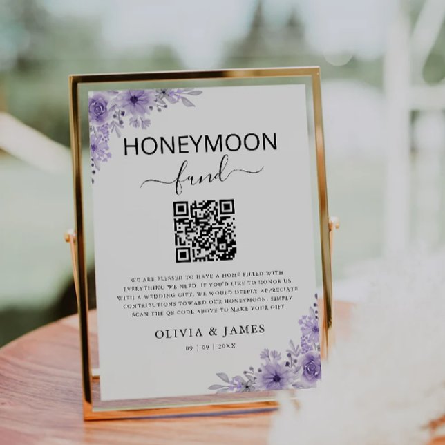 Convite Sinalização de Código QR do Fundo de Lua de mel em (Purple Honeymoon Fund QR Code Sign, Wedding Invitation)