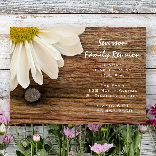Convite Sindicato Rustic White Daisy e Barn Wood Family (Criador carregado)
