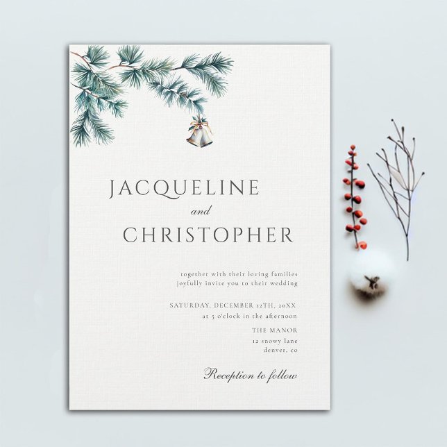 Convite Sinos De Casamento Chic Elegantes De Pinho Minimal (minimalist winter wedding invitation botanical pine branch elegant modern classic christmas bells)