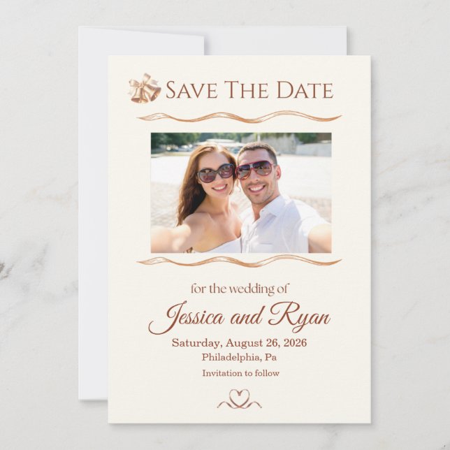 Convite Sinos de Casamento com Foto Save the Date (Frente)