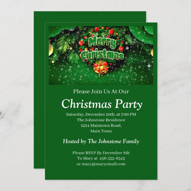 Convite Sinos Dourados de Natal Feliz Verde (Frente/Verso)