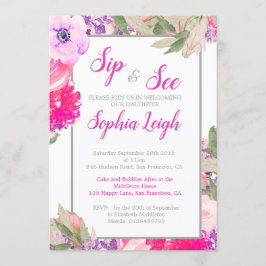 Convite Sip and See Baby Floral Rosas Pink