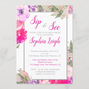 Convite Sip and See Baby Floral Rosas Pink