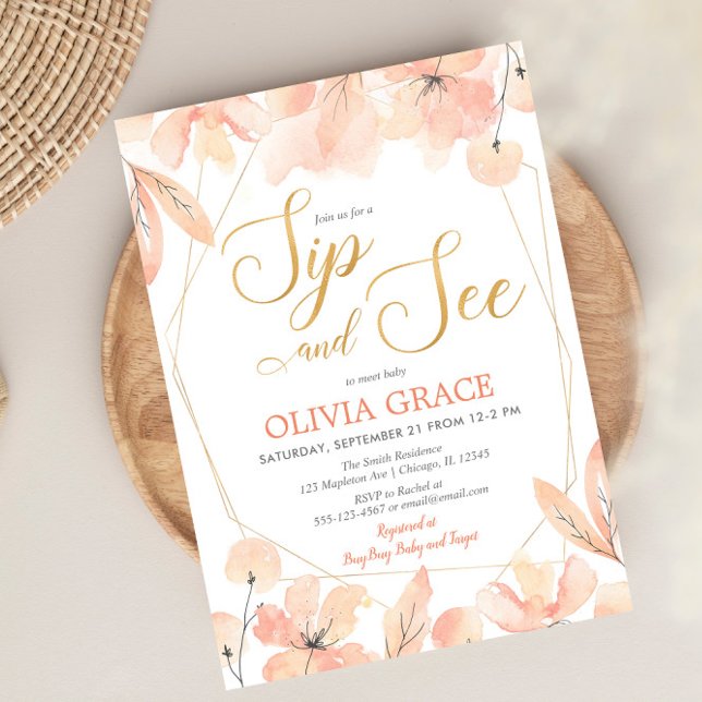 Convite Sip and See baby girl, elegante de ouro rosa-claro (Criador carregado)
