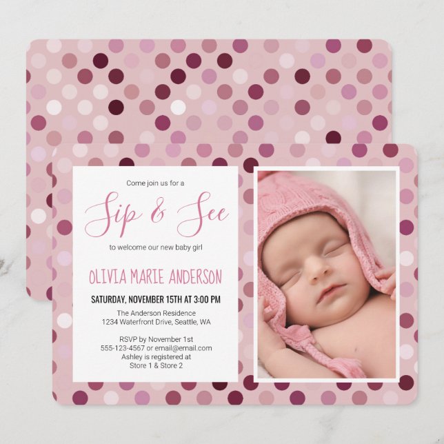 Convite Sip and See Baby Girl Photo Pink Bolinhas (Frente/Verso)