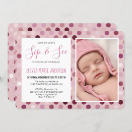 Convite Sip and See Baby Girl Photo Pink Bolinhas