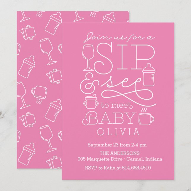 Convite Sip and See Baby Shower Invances Girl (Frente/Verso)