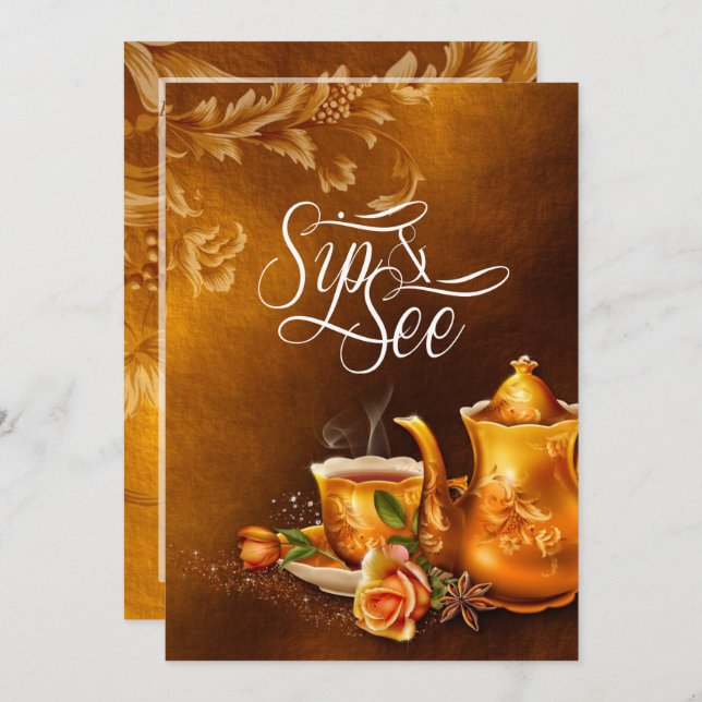 Convite Sip and See Chá de fraldas Nostalgic Dourado Tea P (Frente/Verso)