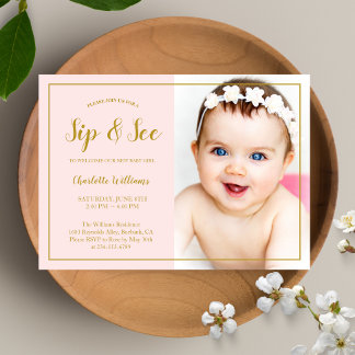 Convite Sip and See Chá de fraldas Pink Dourado Glitter Ph