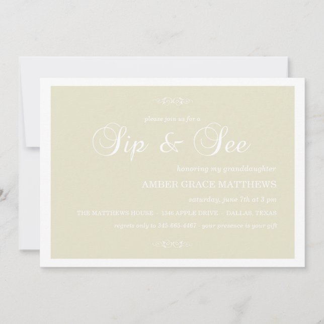 Convite Sip And See em Damask Creme e Branco (Frente)