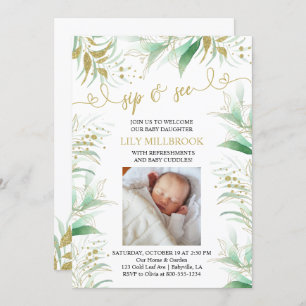 Convite Sip and See Greenery Green e Dourado Elegante