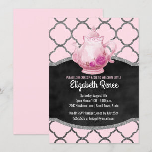 Convite Sip and See New Baby Girl Welcome Teapoies