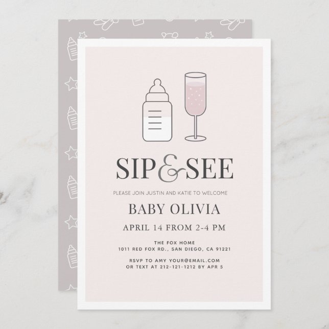 Convite Sip & Consulte Chá de fraldas rosa do frasco de ch (Frente/Verso)