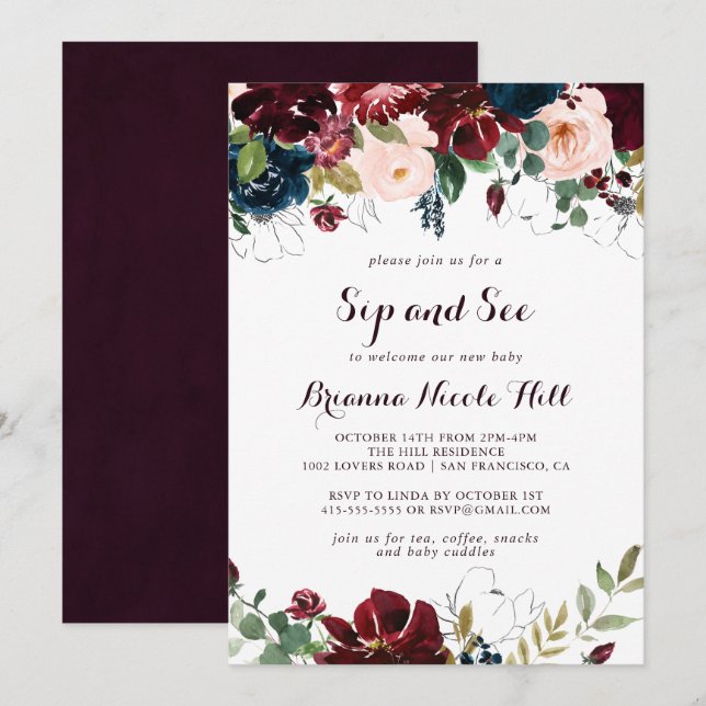 Convite Sip de Caligrafia Ilustrada de Aquarela e Consulte (Frente/Verso)