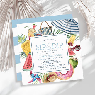 Convite Sip & Dip Pool Party Umbrella Blue Bridal Shower