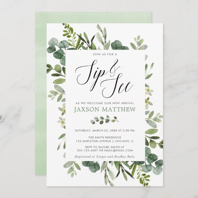 Convite Sip e veja o eucalipto neutro do gênero verde (Frente/Verso)