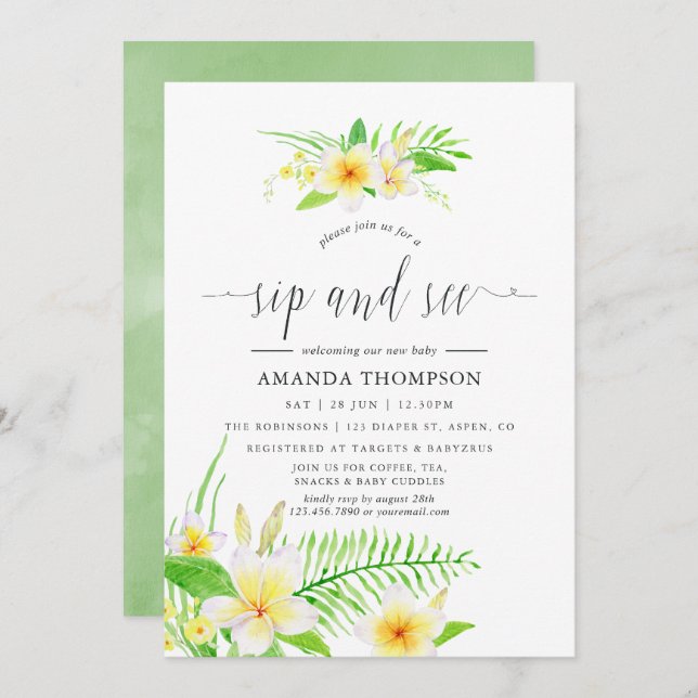 Convite Sip Exótico de Aquarela Frangipani e Consulte (Frente/Verso)