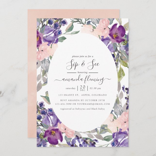 Convite Sip Floral Violet, Plum e Blush (Frente/Verso)