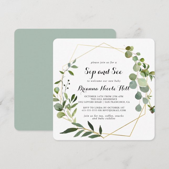 Convite Sip geométrico Dourado de caligrafia tropical (Frente/Verso)