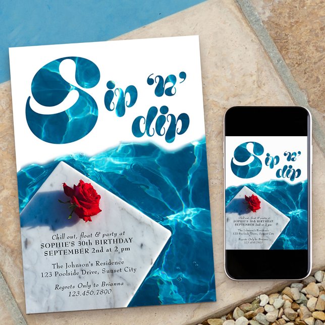 Convite Sip n Dip Piscina Party Groovics Verão (Sip n Dip Pool Party Invitation which you can customize for any age birthday or summer event)