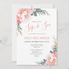Convite Sip & See Blush Dourado Floral Girl Chá de fraldas