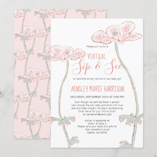 Convite Sip & See Blush Pink Baby Girl Virtual Chá de fral