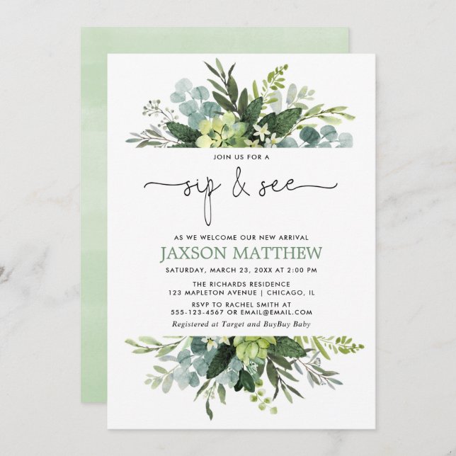 Convite Sip see boy chá de fraldas do eucalipto neutro em  (Frente/Verso)