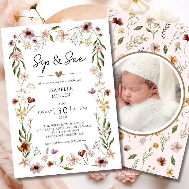 Convite Sip & See Elegante Wildflower Pink Baby Girl (Sip & See Elegant Wildflower Pink Baby Girl Invitation)