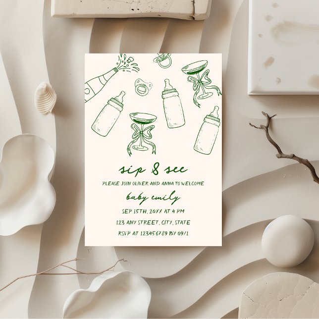 Convite Sip & See Hand Illustrated Green Baby Boy (sip & see baby boy hand illustrated green invitation)