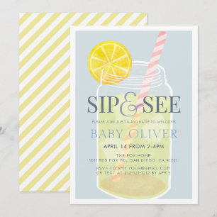 Convite Sip & See Lemonade Mason Jar Blue Chá de fraldas