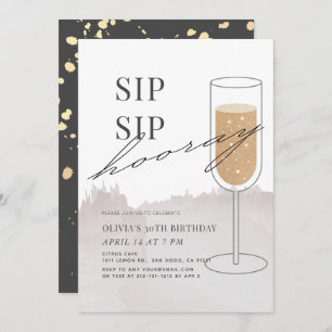 Convite Sip Sip Hooray Dourado Champagne Cinza Aniversário