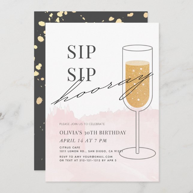 Convite Sip Sip Hooray Dourado Champagne Rosa Aniversário (Frente/Verso)