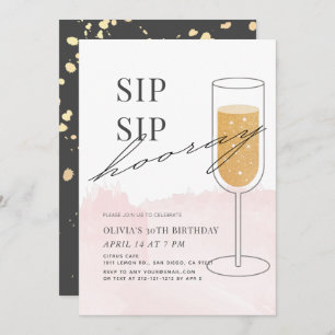Convite Sip Sip Hooray Dourado Champagne Rosa Aniversário