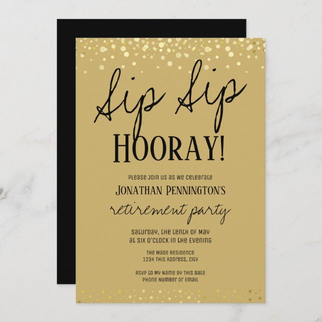 Convite Sip Sip Hooray Elegante Dourado Invit. (Frente/Verso)