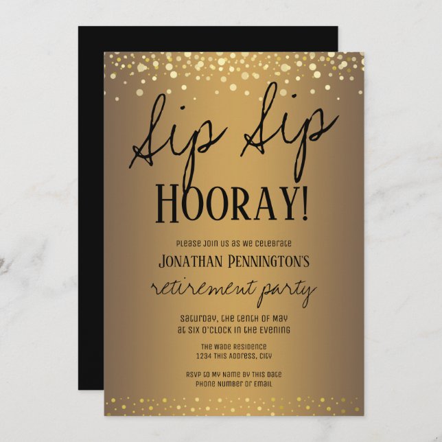 Convite Sip Sip Hooray Elegante Dourado Partido de Aposent (Frente/Verso)